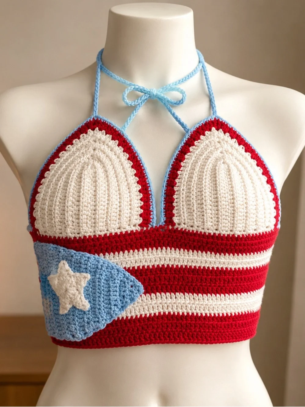 Hand-Crocheted Puerto Rico Flag Crop Top - Red White Blue